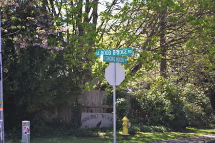 Street signs: SE Rood bridge Rd and SE Singing Woods Dr – near Park entrance